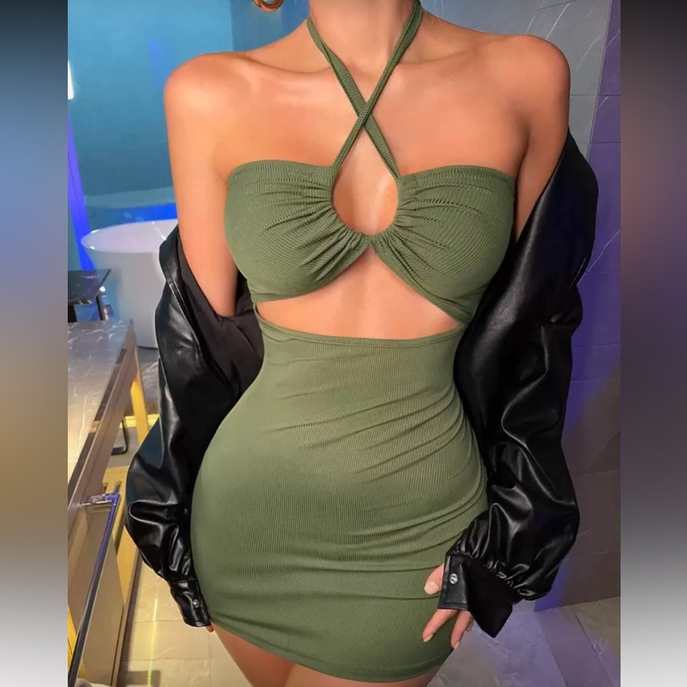 Olive Green Halter Cutout Dress- Brand New